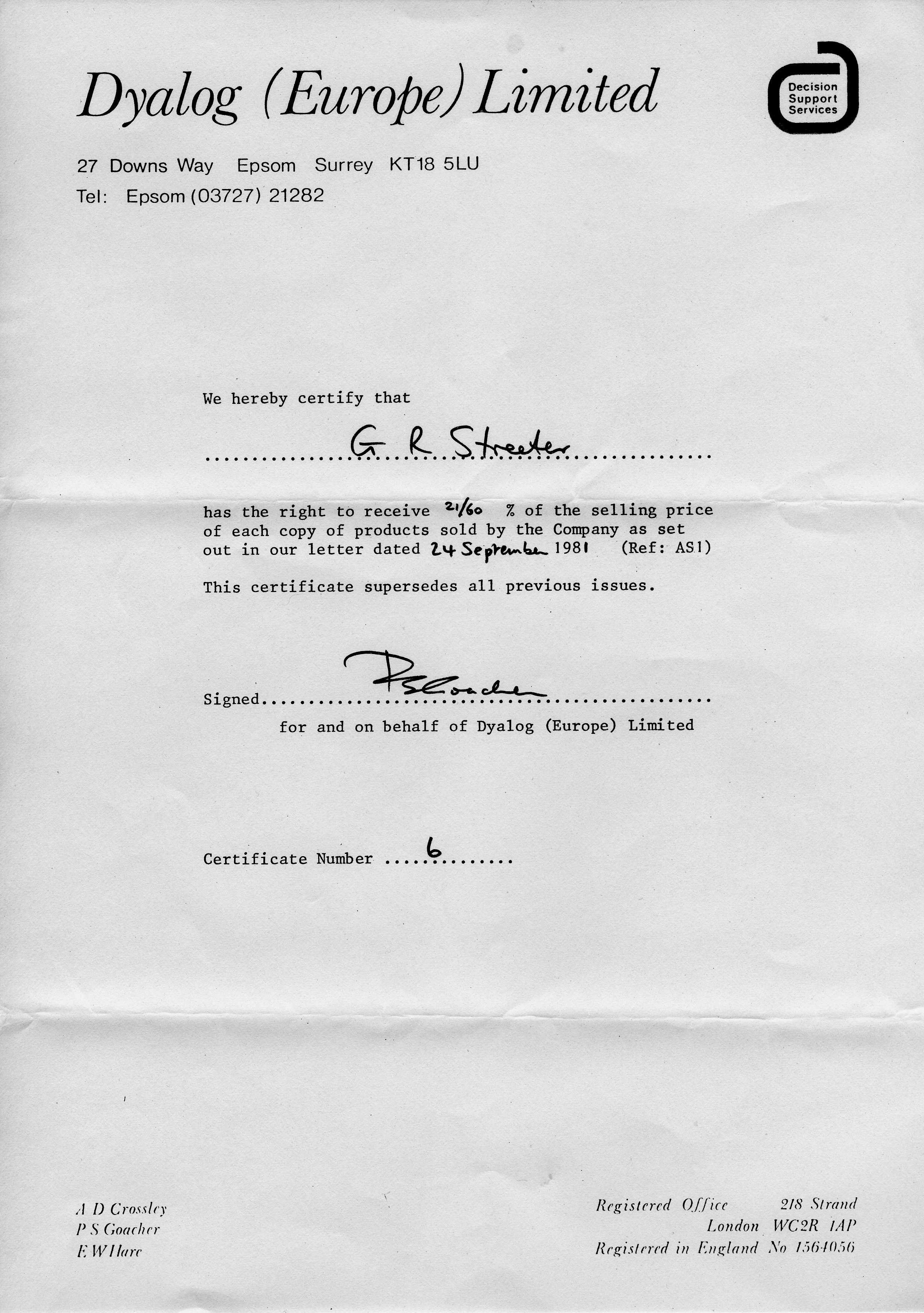 Certificate of royalty entitlement